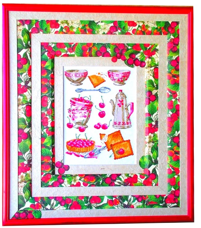 Broderie cerise, décoration, encadrement Normandie, encadrement Caen, atelier du Chat Perché