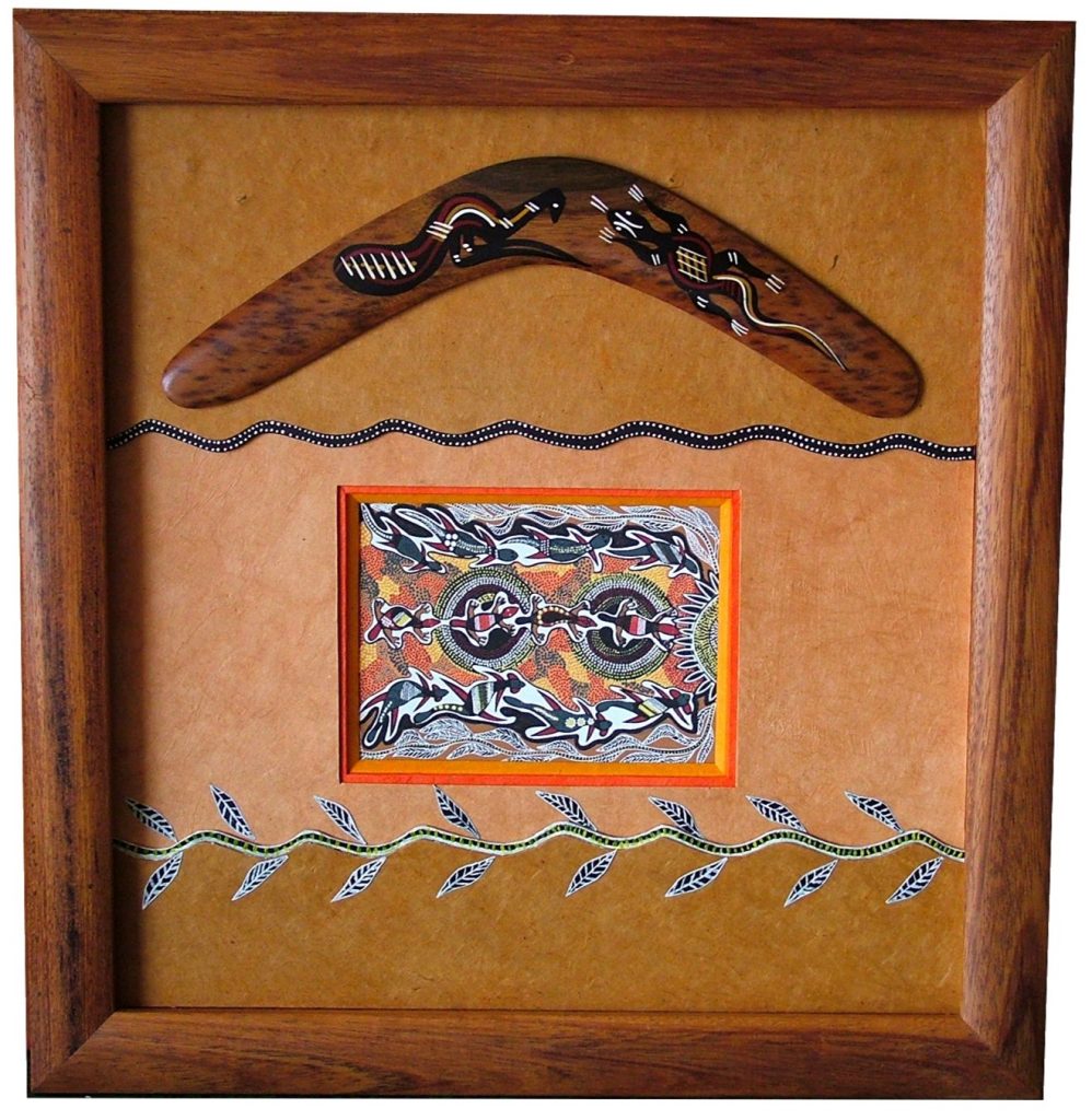 art aborigène, Australie, Nouvelle-Zélande, encadrer un objet, encadrement, tissu, couleur, décoration, Caen, atelier du Chat Perché